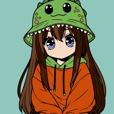 girl with anime shaped eyes with a dinosaur bucket hat oversized sweatshirt long straight hair