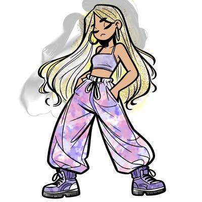 girl in baggy pants crop top and long hair