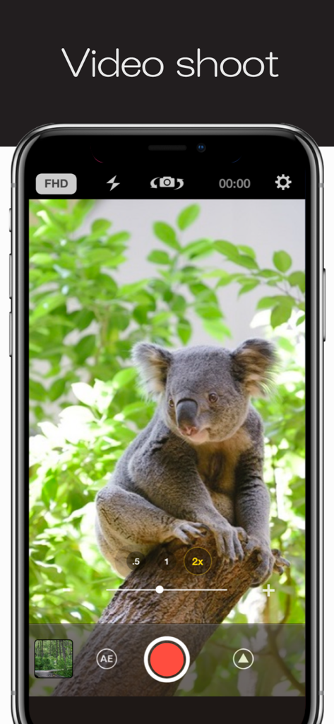 StageCameraHD - Pro camera - Écran de smartphone affichant l'application StageCameraHD enregistrant une vidéo d'un koala avec un zoom x2.