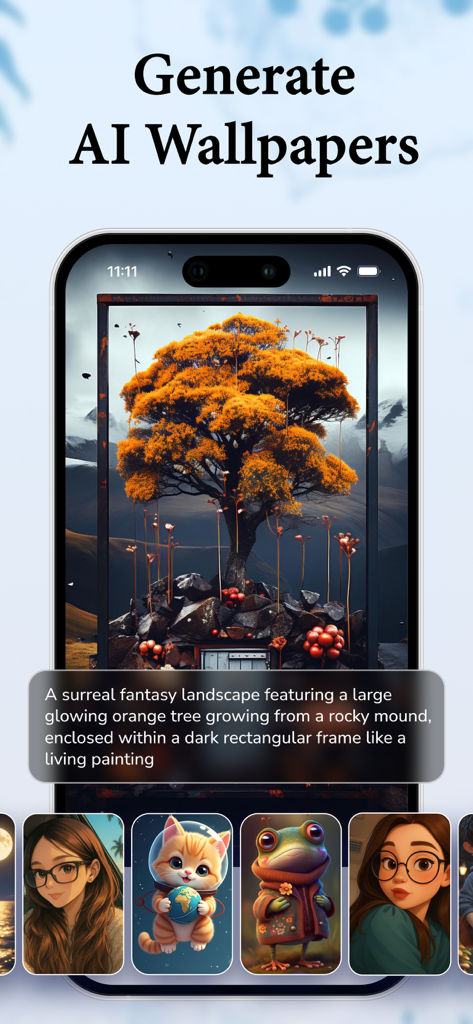 iPhone screen displaying the Generate AI Wallpapers feature with a surreal orange tree landscape and a carousel of character art.