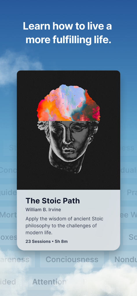 Waking Up: Meditation & Wisdom - A course card for The Stoic Path by William B. Irvine in the Waking Up meditation app featuring a colorful artistic bust.