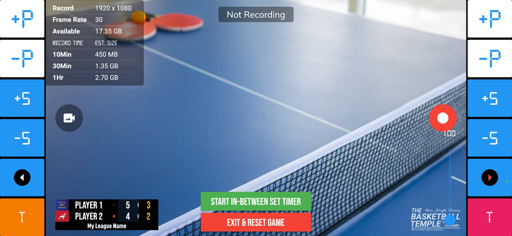 Table tennis match recording interface with live score overlay and control buttons