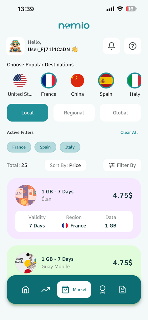 Nomio: eSIM Travel & Internet - Nomio app interface displaying eSIM data plans for travel in France and other countries