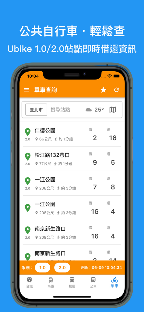 Taiwan Railway Express app interface showing real-time YouBike station bicycle availability and rental status in Taipei