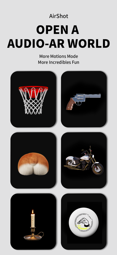 AirShot app interface displaying various auditory AR motion modes including basketball and motorcycle options