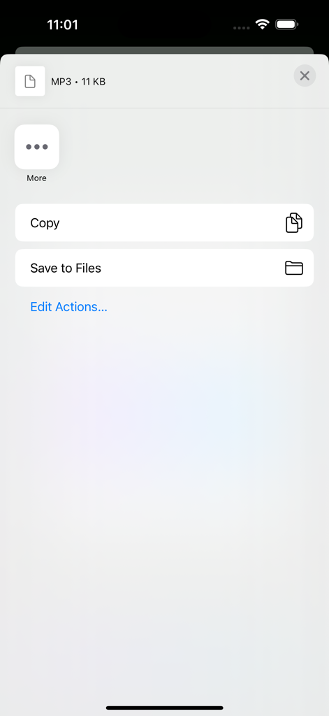 Botnoi Voice - Text to Speech - iOS share sheet showing options to copy or save a generated MP3 audio file