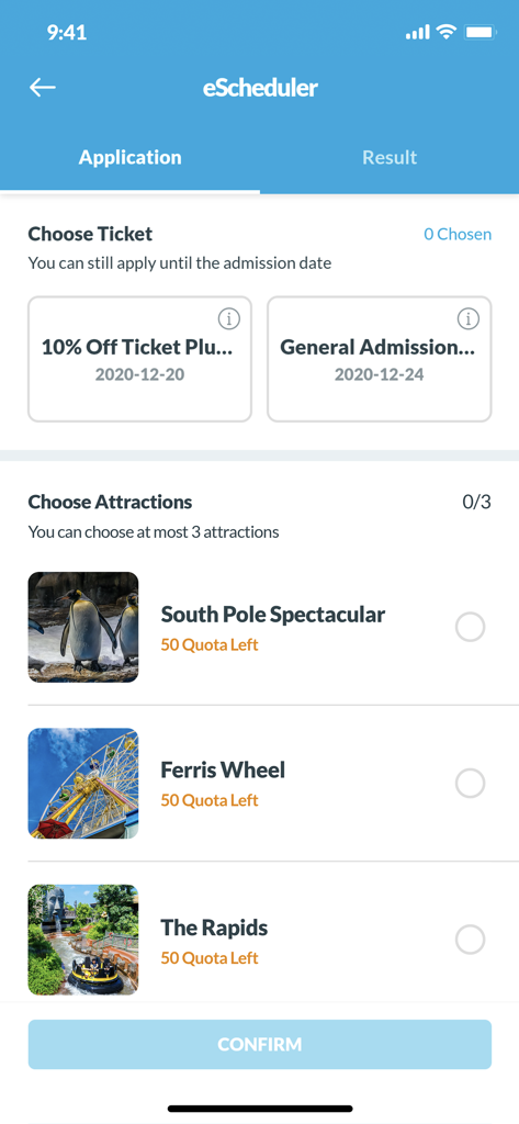 Ocean Park Hong Kong - The eScheduler interface in the Ocean Park Hong Kong app for ticket selection and attraction reservations