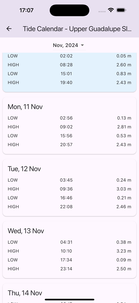A mobile screen showing a daily tide calendar with high and low tide times and water heights for planning coastal activities.