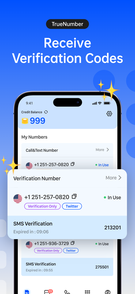 TrueNumber:Second Phone Number - TrueNumber app screenshot showing virtual phone numbers receiving SMS verification codes and two factor authentication