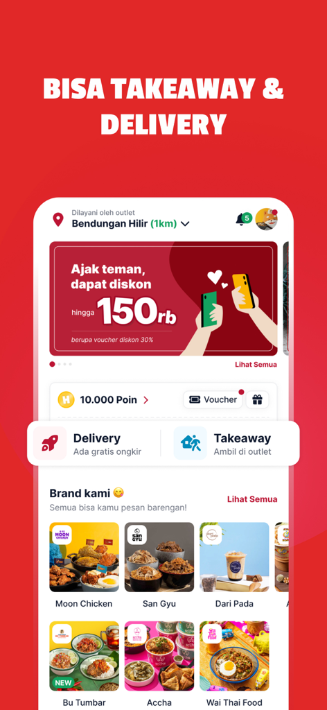 Pantalla de inicio de la app HANGRY! mostrando opciones de entrega y para llevar, y una lista de marcas de comida como Moon Chicken y San Gyu.