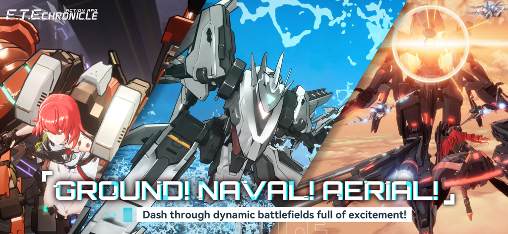 E.T.E Chronicle - Three panels showing mecha combat in ground naval and aerial environments
