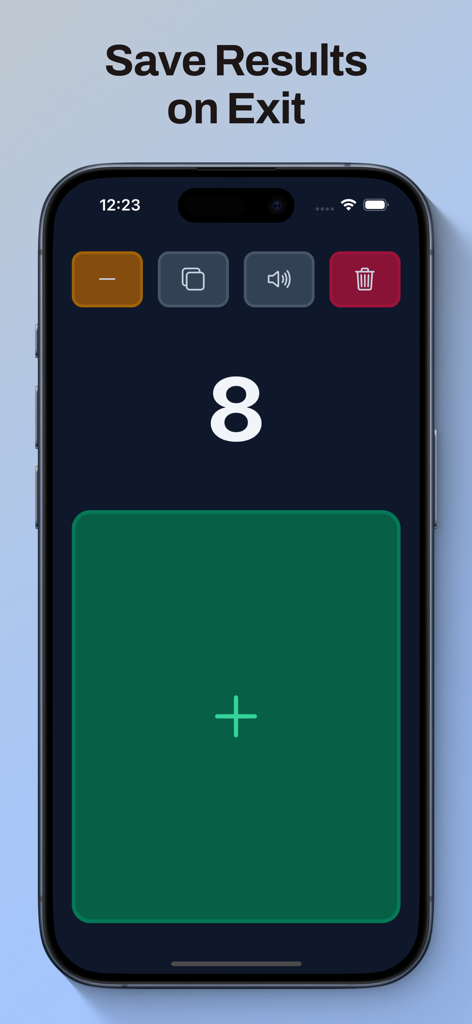 Tally Counter Click! - iPhone screen displaying the Tally Counter Click app interface with a large count display and green addition button