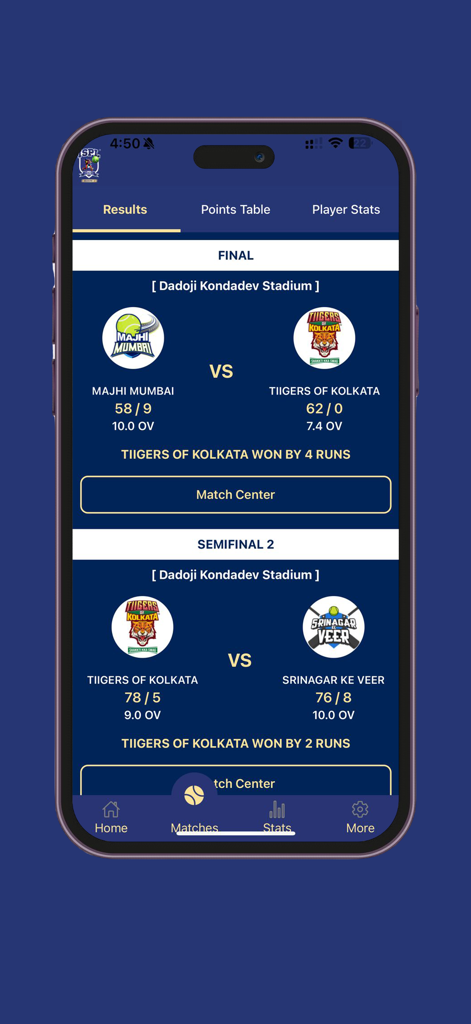 ISPL T10 cricket app displaying match results for final and semifinal games with team scores and winning announcements.