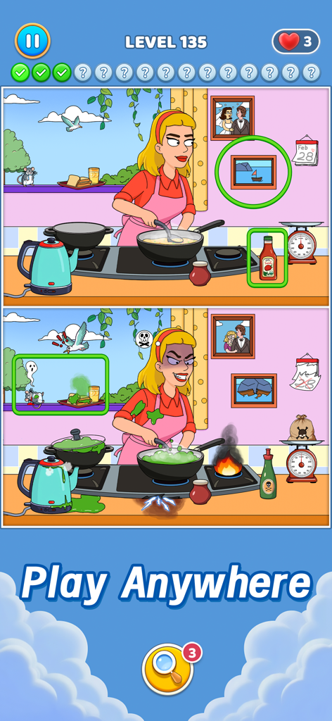 Differences - Spot & Search It - Gameplay screenshot of a spot the difference puzzle featuring a woman cooking in a kitchen with various items to compare.