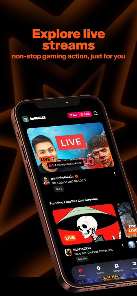Mobile interface of Loco app displaying live gaming streams and trending creators
