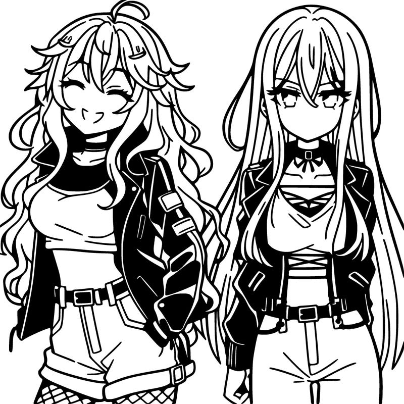 anime girl with a long messy hair wearing a crop top and a leather jacket standing next to another anime girl with long hair wearing a leather jacket