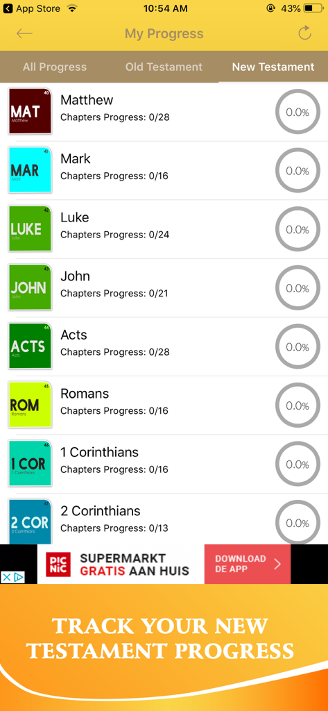 Bible In Basic English - BBE - Rastreador de progreso de lectura del Nuevo Testamento en la aplicación Biblia en Inglés Básico.