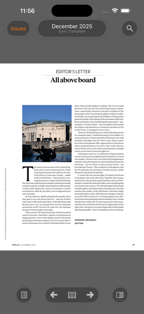 Apollo - Legacy app - Editor letter page in the Apollo art magazine mobile application featuring the National Gallery