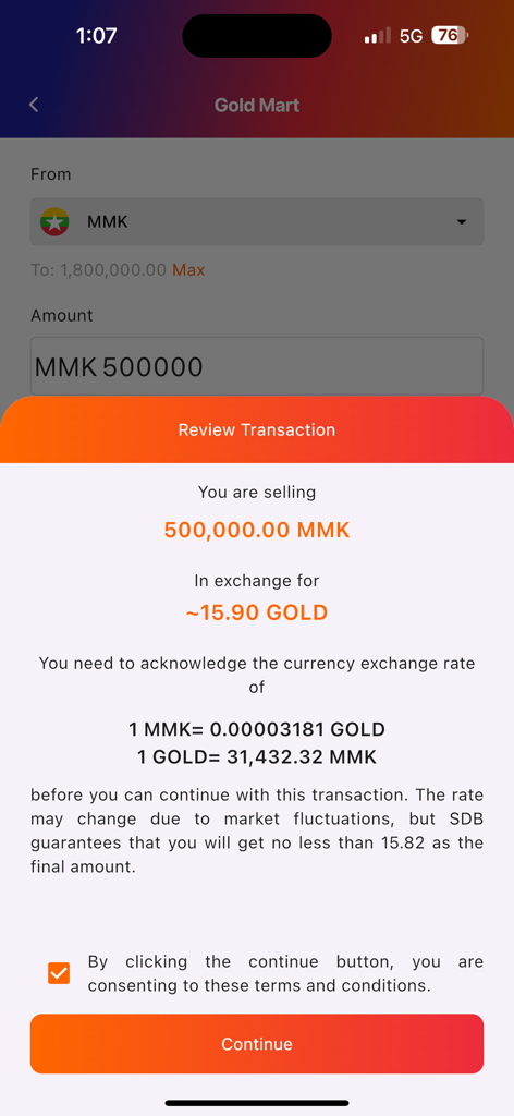Bildschirm zur Transaktionsübersicht in der Spring Development Bank App für den Umtausch von MMK in Gold