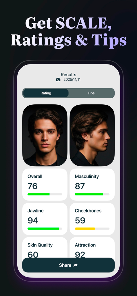 PSL Scale - Score & Rating - PSL Scale app showing a man's facial analysis results with scores for masculinity jawline and attraction