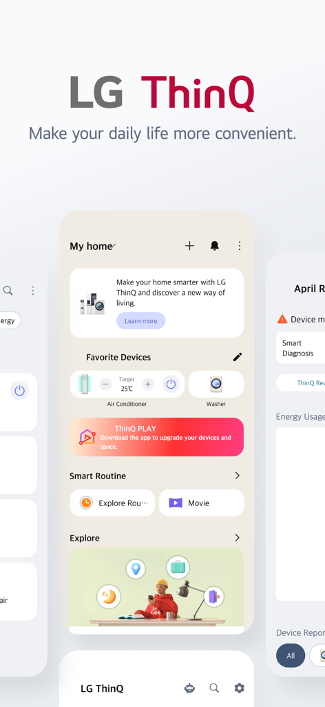 LG ThinQ 앱 인터페이스로 스마트 홈 장치 제어 및 루틴을 표시합니다.