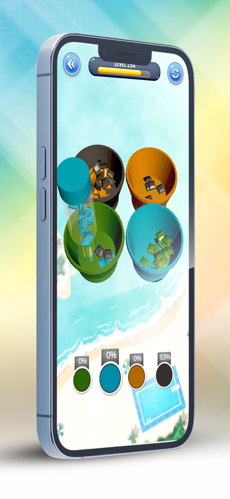 Bead and Ball Sort Puzzle - Mobile gameplay of Bead and Ball Sort Puzzle showing a vacuum tool sorting colorful gems into containers over a beach background