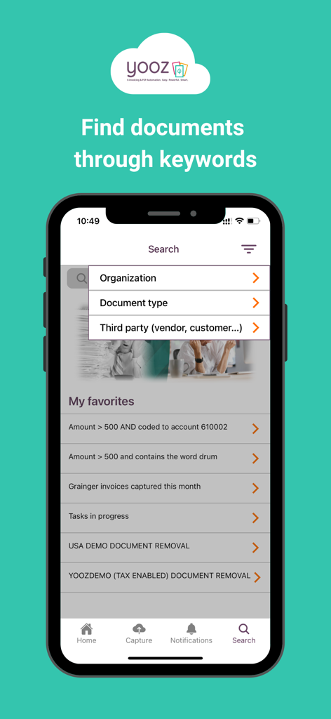 YoozMobile Rising - YoozMobile Rising app search interface showing options to filter financial documents by organization, document type, and third party