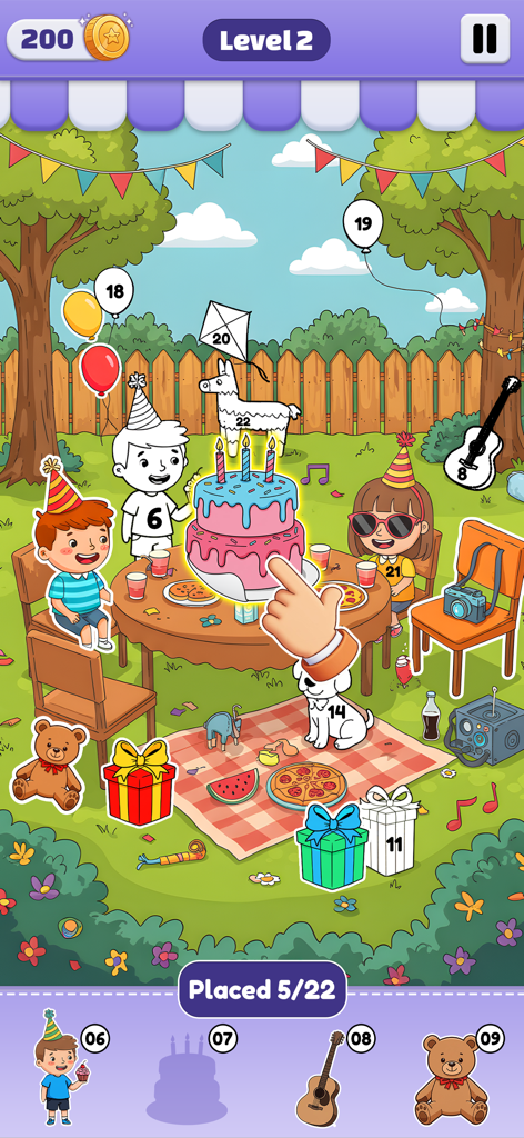 ASMR Sticker Art -Merge story - A backyard birthday party scene in ASMR Sticker Art where players match stickers to numbered outlines.