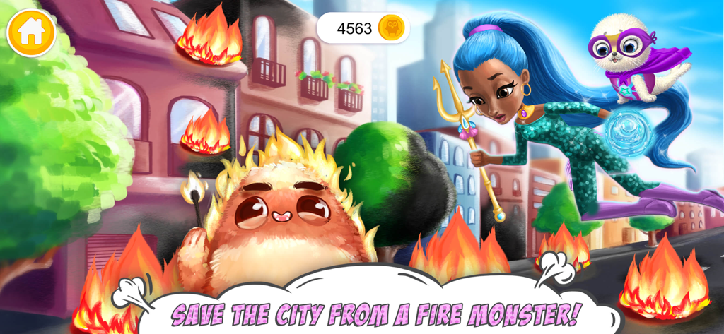 Moana the Power Girl using water powers to stop a cute fire monster in Super City with her pet seal Misty.
