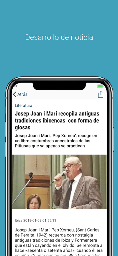 Diario de Ibiza - Captura de pantalla de una página de detalle de un artículo de noticias en la aplicación Diario de Ibiza mostrando una historia sobre tradiciones locales ibicencas.