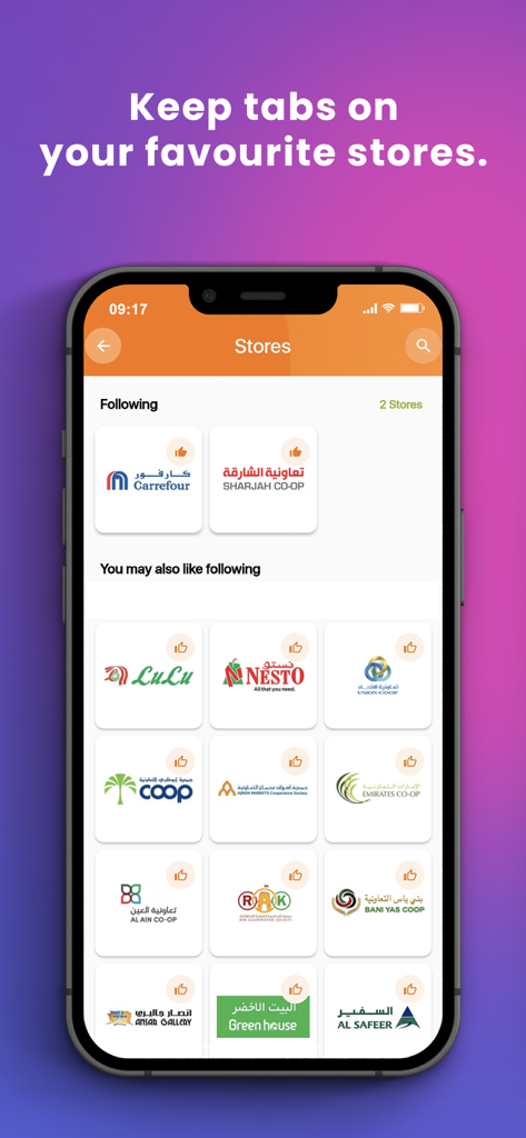 WoWDeals: Shopping Deals - Screen showing favorite and suggested stores in the WoWDeals app.