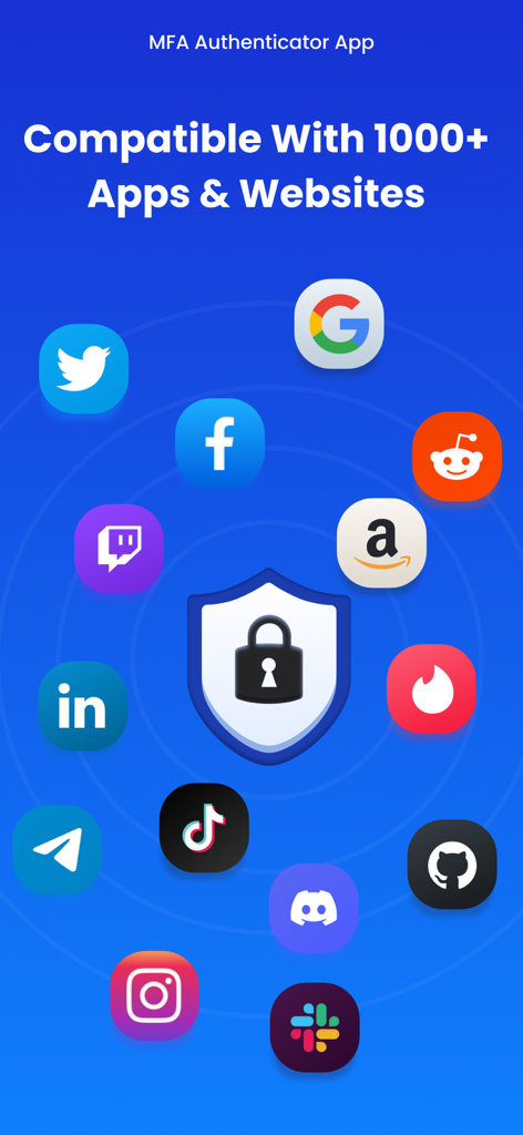 MFA-2FA Authenticator,OTP,Auth - La app MFA Authenticator mostrando compatibilidad con más de 1000 apps y sitios web populares como Google, Facebook y Amazon