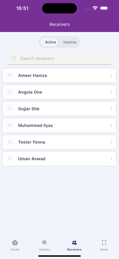 Yonna Wallet - Interface of Yonna Wallet showing a list of active receivers for money transfers