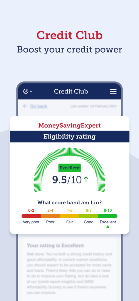 MoneySavingExpert - Captura de pantalla de la aplicación MoneySavingExpert que muestra una excelente calificación de elegibilidad de Credit Club de 9.5 sobre 10