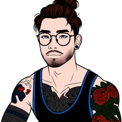 young attractive asian man with a man-bun, glasses, and tattoo's
