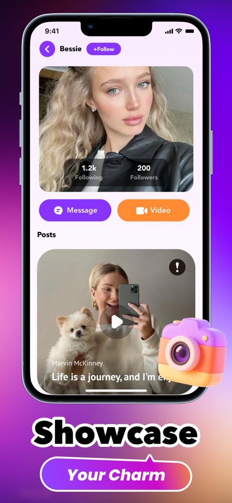 A mobile screenshot of the Puff app showing a user profile with message and video call buttons above a social media post feed