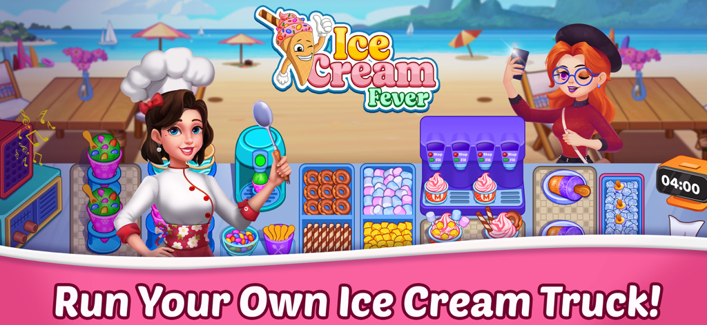 A female chef preparing and serving colorful ice cream sundaes and donuts at a tropical beach stall