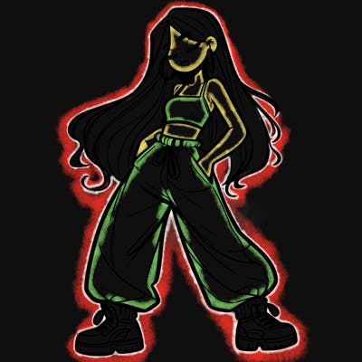 girl in baggy pants crop top and long hair