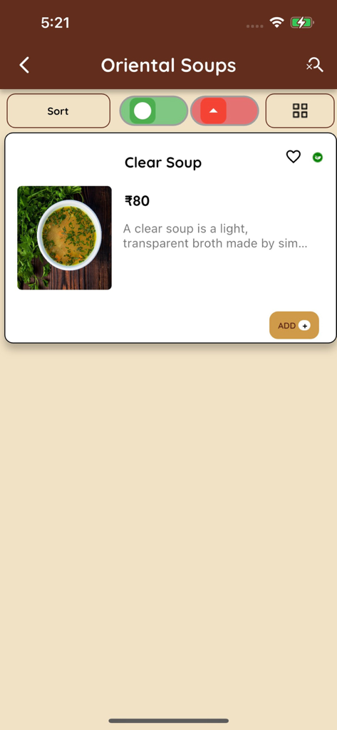 Coffee Connect Resto - cafe - Menú de sopa oriental mostrando un artículo de sopa clara con precio y detalles.