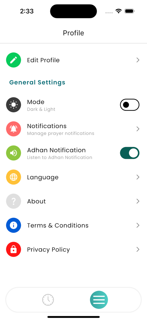 Al-Rahma Mosque - Profile and settings screen of the Al-Rahma Mosque app showing options for dark mode, notifications, and Adhan alerts.