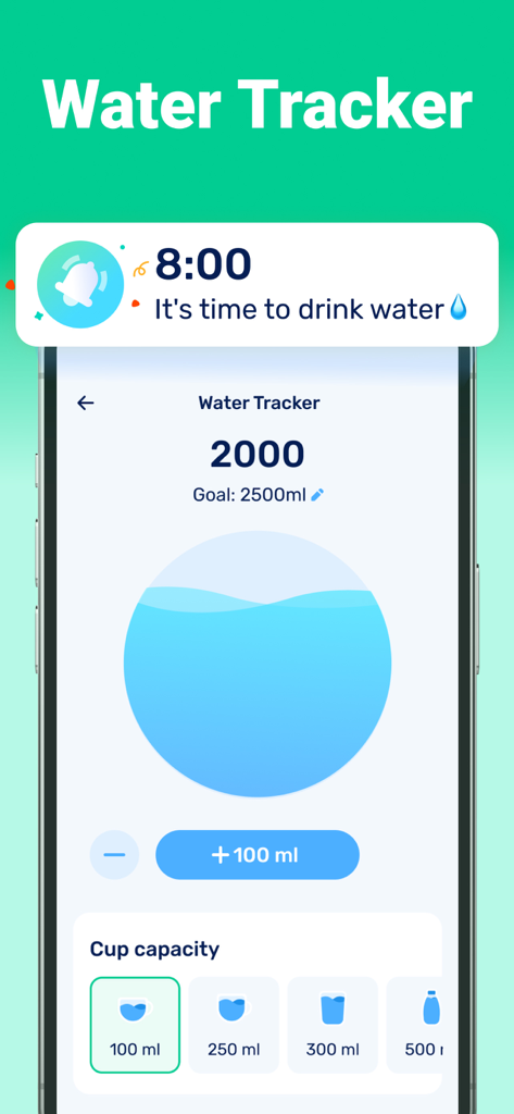 GoFasting app water tracker interface showing daily hydration goal and water intake log