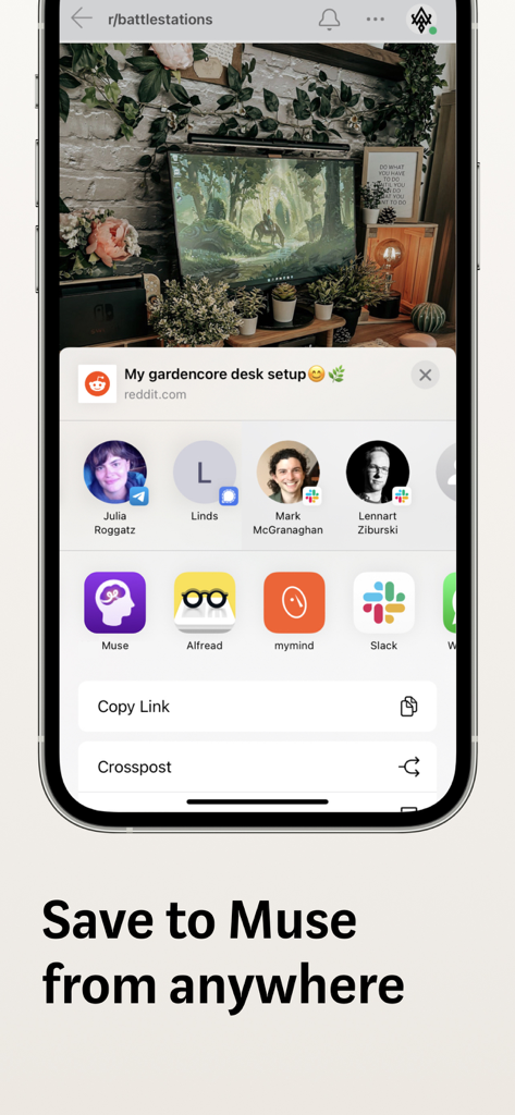 Muse — canvas for ideas - Smartphone screen showing a Reddit post about a desk setup being saved to the Muse app using the iOS share menu.