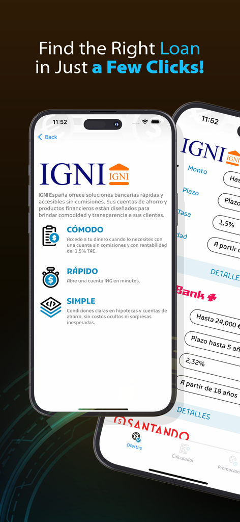 Flash Préstamos - Una interfaz móvil para Préstamos Flash mostrando detalles de comparación de préstamos y ofertas financieras en español e inglés