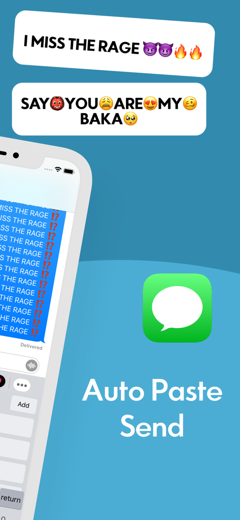 Auto Paste Keyboard Clipboard - Oberfläche der Auto-Paste-Tastatur-App, die repetitive Textblasen und Emojis anzeigt.