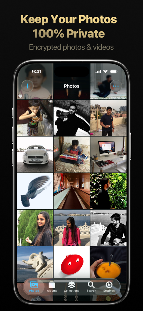 Trustful – Secret Photo Vault - iPhoneにTrustfulアプリインターフェースを表示。プライベート写真のグリッドと「写真を100％プライベートに保つ」というテキストが表示されています。