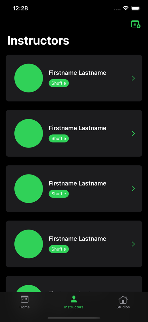 Dance Makers - Interfaccia dell'app mobile che mostra una directory di istruttori di danza con segnaposto del profilo e un menu di navigazione inferiore.