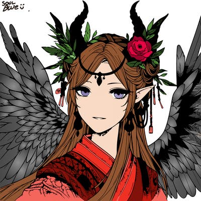 a realistic fantasy manga queen with wings and horns