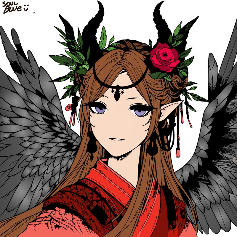 a realistic fantasy manga queen with wings and horns