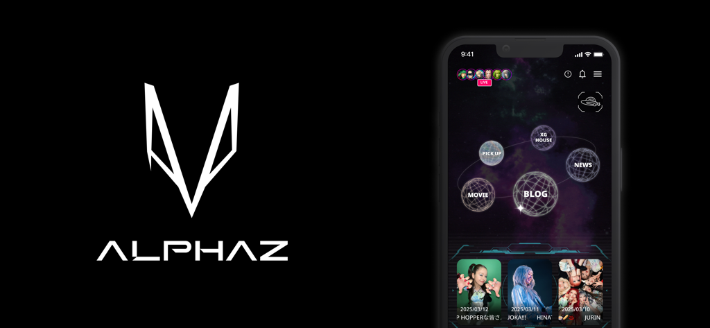 XG OFFICIAL FANCLUB "ALPHAZ" - Logo du fan club officiel XG ALPHAZ et interface de l'application mobile affichés sur un smartphone
