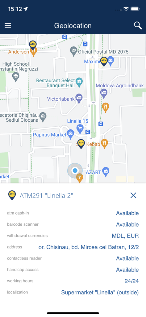 Aplicación MICB Mobile Banking que muestra el mapa de ubicación de cajeros automáticos y detalles del servicio